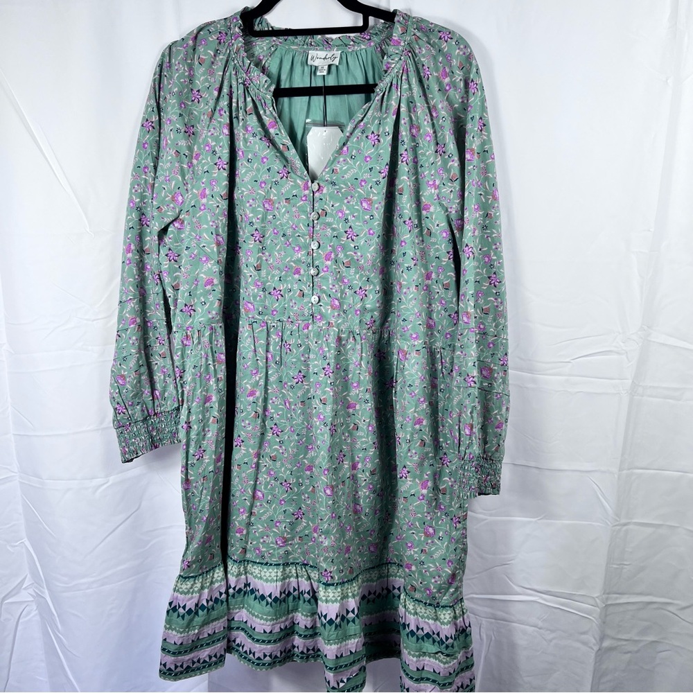 Wonderly Green Floral Boho Midi Dress Size XL Cotton Long Sleeve NWT Cottagecore - Picture 2 of 10